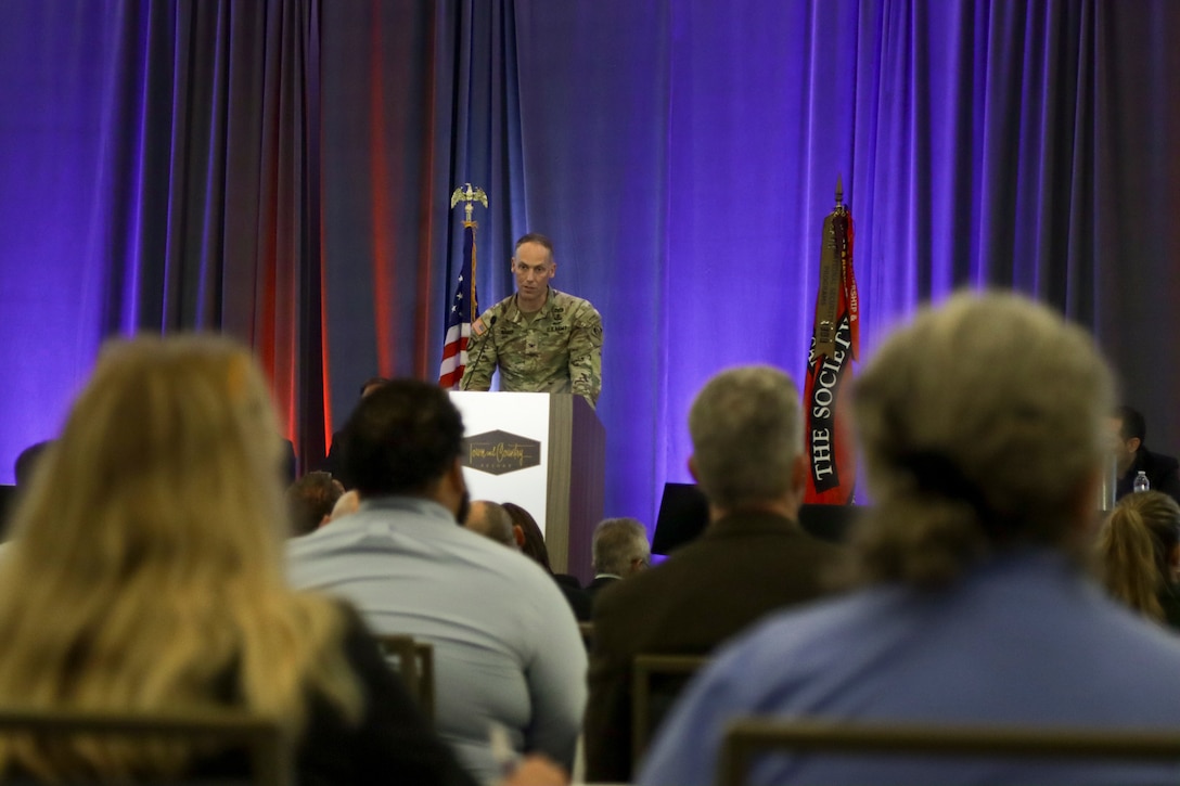 Col. Andrew Baker, U.S. Army Corps of Engineers Los Angeles District commander, speaks to audience members attending the 2026 SAME San Diego Post Small Business/NAVFAC Southwest Industry forum Feb. 27 in San Diego.