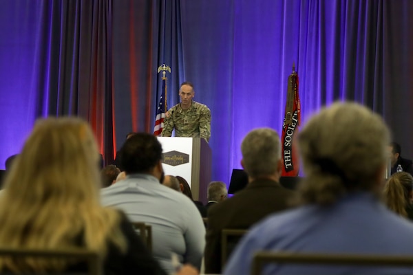Col. Andrew Baker, U.S. Army Corps of Engineers Los Angeles District commander, speaks to audience members attending the 2026 SAME San Diego Post Small Business/NAVFAC Southwest Industry forum Feb. 27 in San Diego.