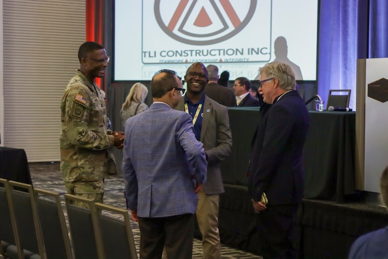 Lt. Col. Stephen Brooks, U.S. Army Corps of Engineers Los Angeles District deputy commander, speaks to audience members attending the 2026 SAME San Diego Post Small Business/NAVFAC Southwest Industry forum Feb. 27 in San Diego.