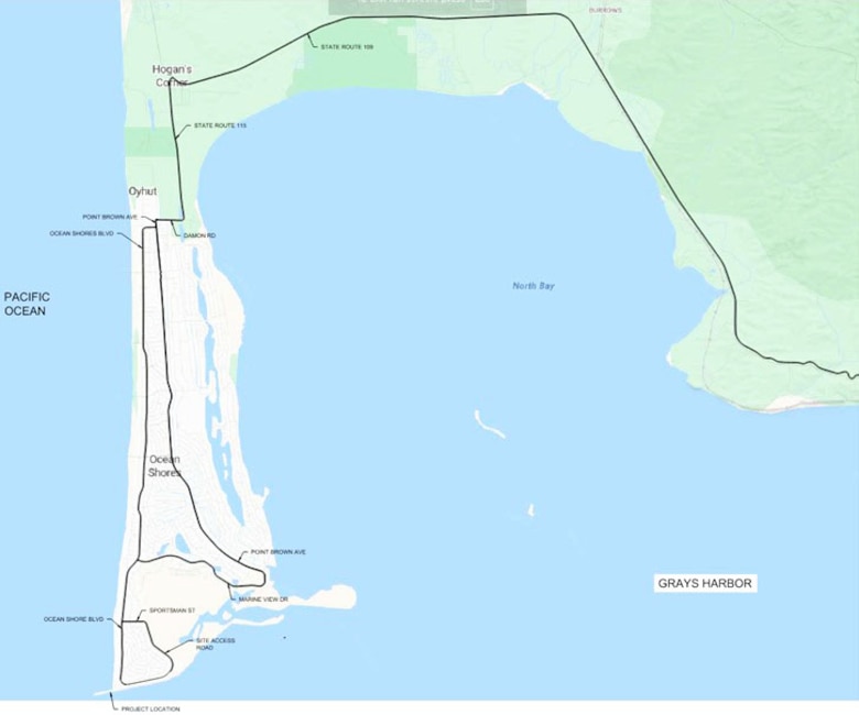 Map illustration of North Jetty major maintenance project haul route, where materials from the project will be removed and transported. Maintenance repairs will extend from the jetty head to the tail (Sta. 85+00 to 160+00), ensuring the highest level of reliability for the safe and efficient operation of the federal navigation channel.