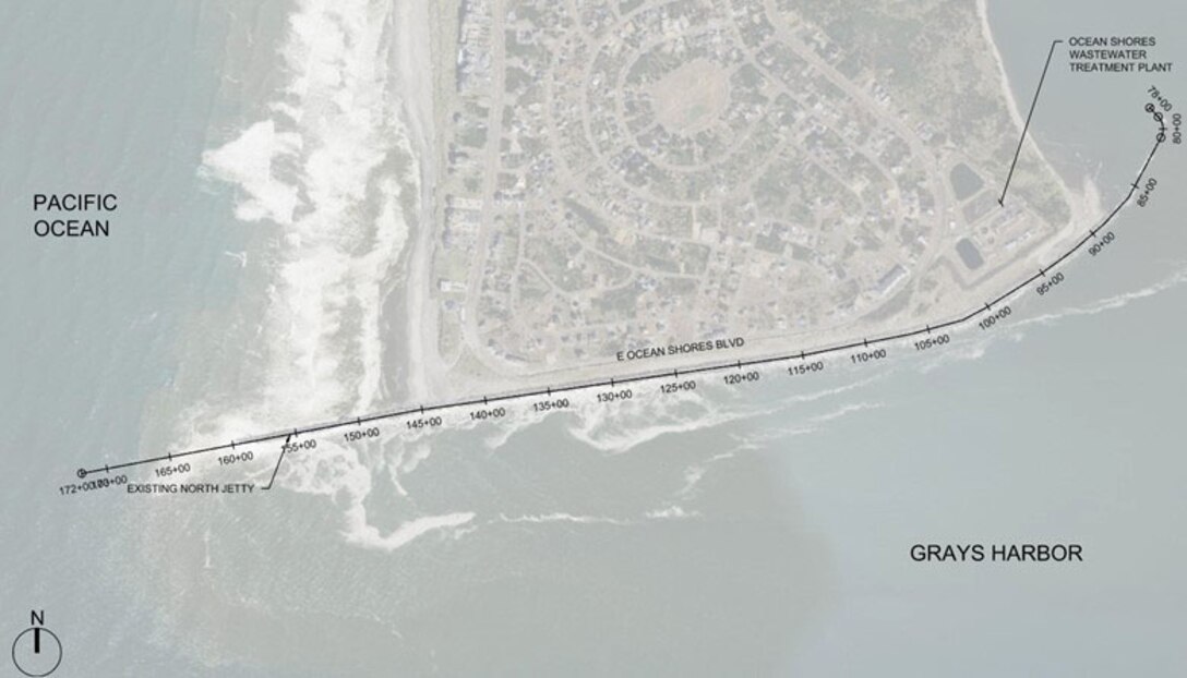 Map illustration of the North Jetty major maintenance project area, at the entrance of Grays Harbor, Grays Harbor County, Washington. The major maintenance project will address sections of North Jetty that have sustained the most damage over time, including areas where wave overtopping has reduced the crest width and height.