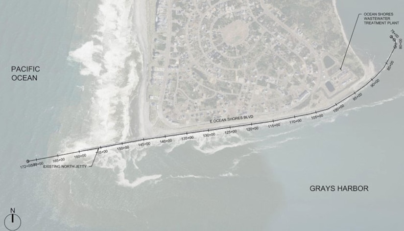 Map illustration of the North Jetty major maintenance project area, at the entrance of Grays Harbor, Grays Harbor County, Washington. The major maintenance project will address sections of North Jetty that have sustained the most damage over time, including areas where wave overtopping has reduced the crest width and height.