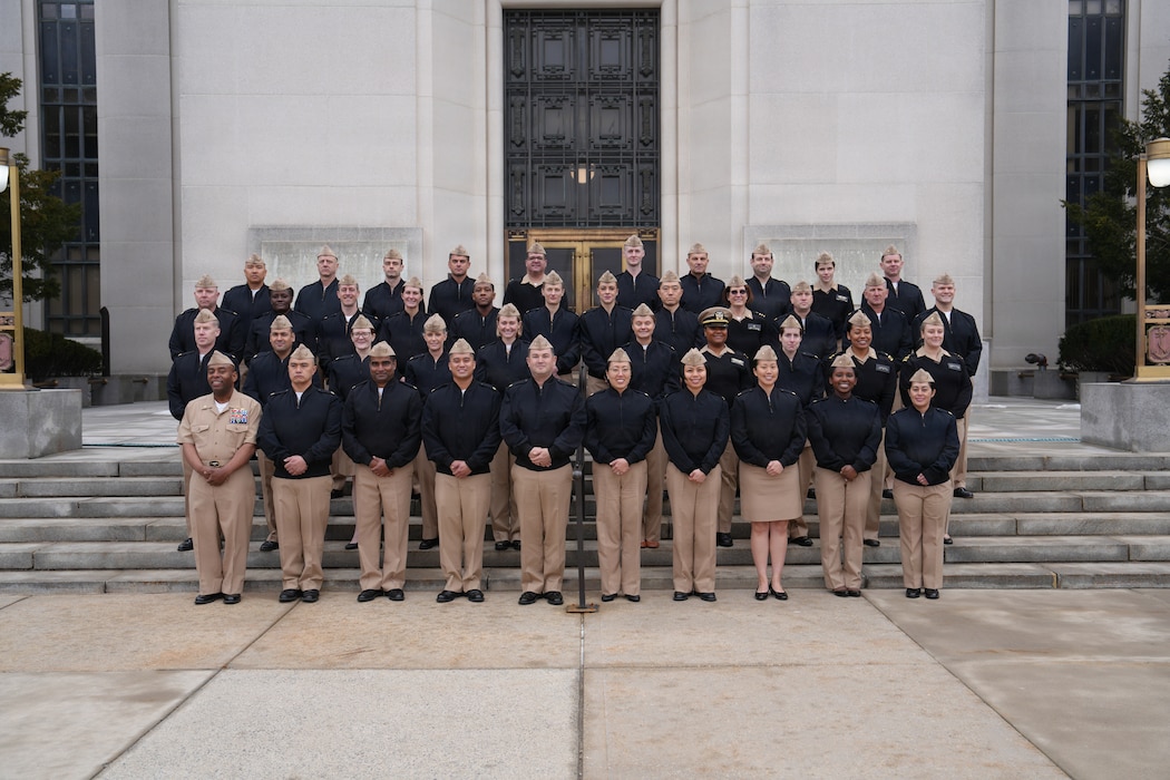 170226-N-JC800-1002 BETHESDA, Md. (Feb. 17, 2026) - Students a part of the Advanced Readiness Officer Course host by Naval Medical Leader and Professional Development Command pose for a group photo on the front steps at Walter Reed National Military Medical Center. (U.S. Navy photo by Mass Communication Specialist 1st Class Heath Zeigler/Released)