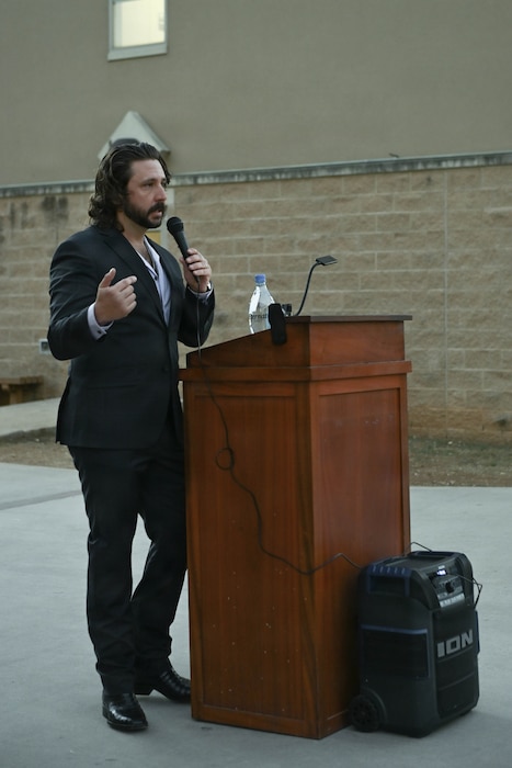 Retired Senior Chief Jerod Napier, delivers remarks at a memorial service for Hospital Corpsman Third Class John T. Fralish at Joint Base San Antonio-Fort Sam Houston, Texas, Feb. 6, 2026. This year marks the 20th anniversary of Fralish’s passing during the War on Terror. (U.S. Navy photo by Mass Communication Specialist Seaman Apprentice Christine Walters).