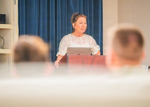 Annemarie du LeBohn, human development trainer and resilience expert, leads a post-traumatic stress disorder and resiliency training for base leadership, Feb. 25, 2026, at Luke Air Force Base, Arizona.