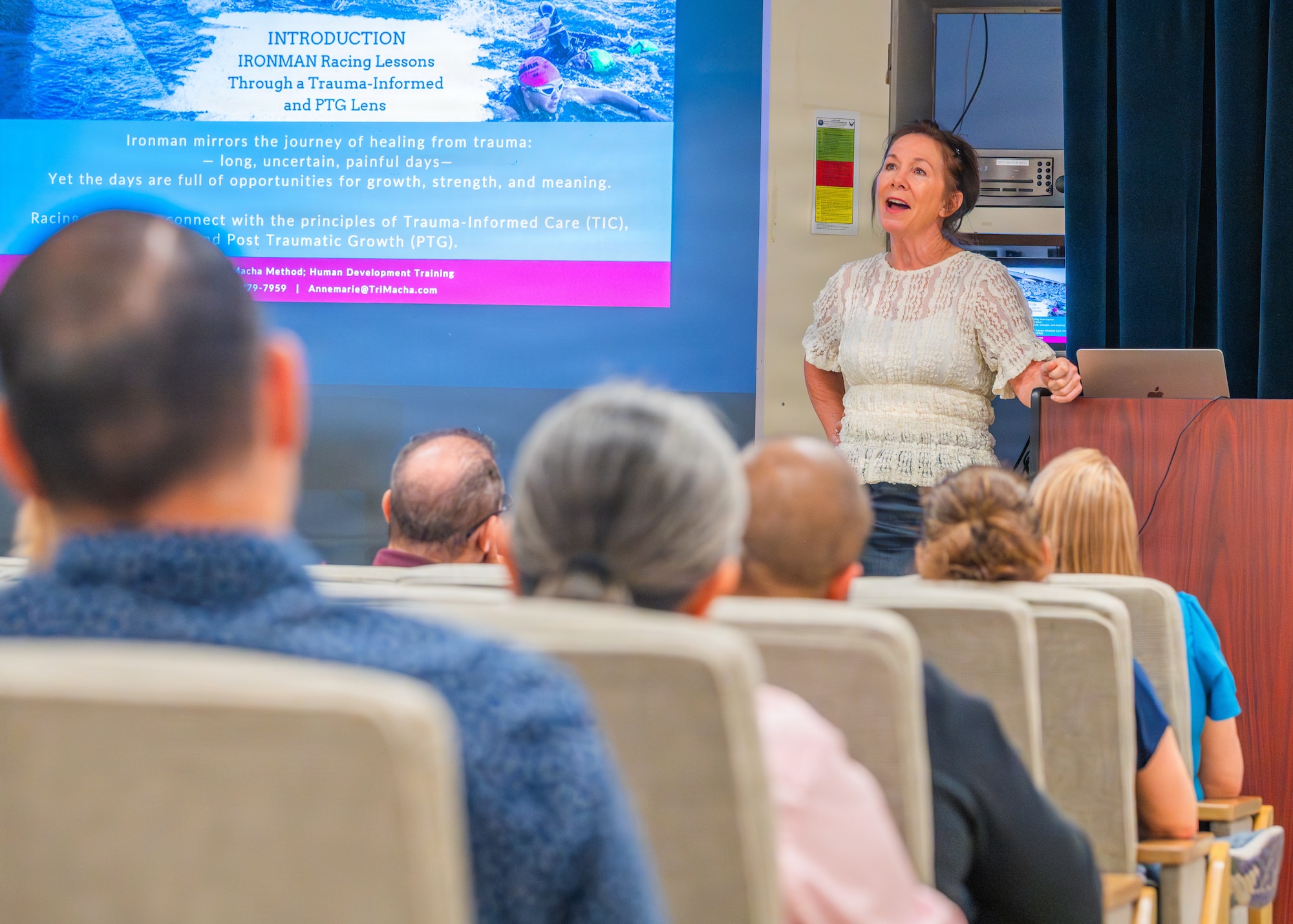 Annemarie du LeBohn, human development trainer and resilience expert, shares her story during a base post-traumatic stress disorder and resiliency training, Feb. 25, 2026, at Luke Air Force Base, Arizona.