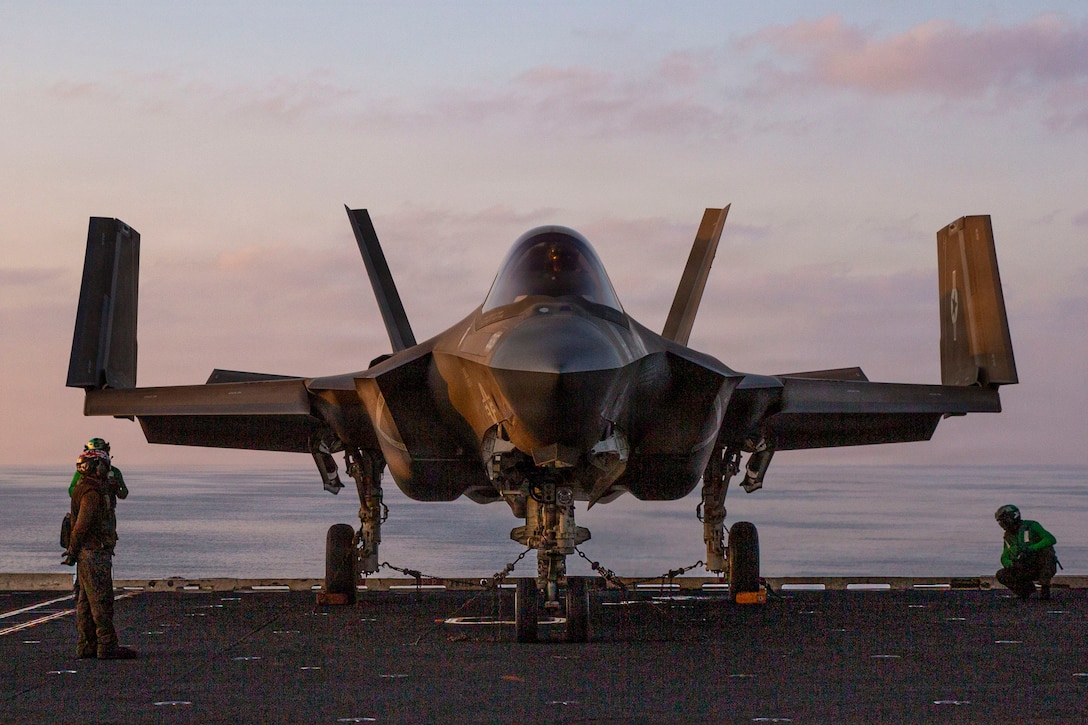 An F-35C Lightning II, attached to Marine Fighter Attack Squadron (VMFA) 314, is chained down on the flight deck of Nimitz-class aircraft carrier USS Abraham Lincoln (CVN 72) in support of Operation Epic Fury, Mar. 3, 2026. (U.S. Navy photo)