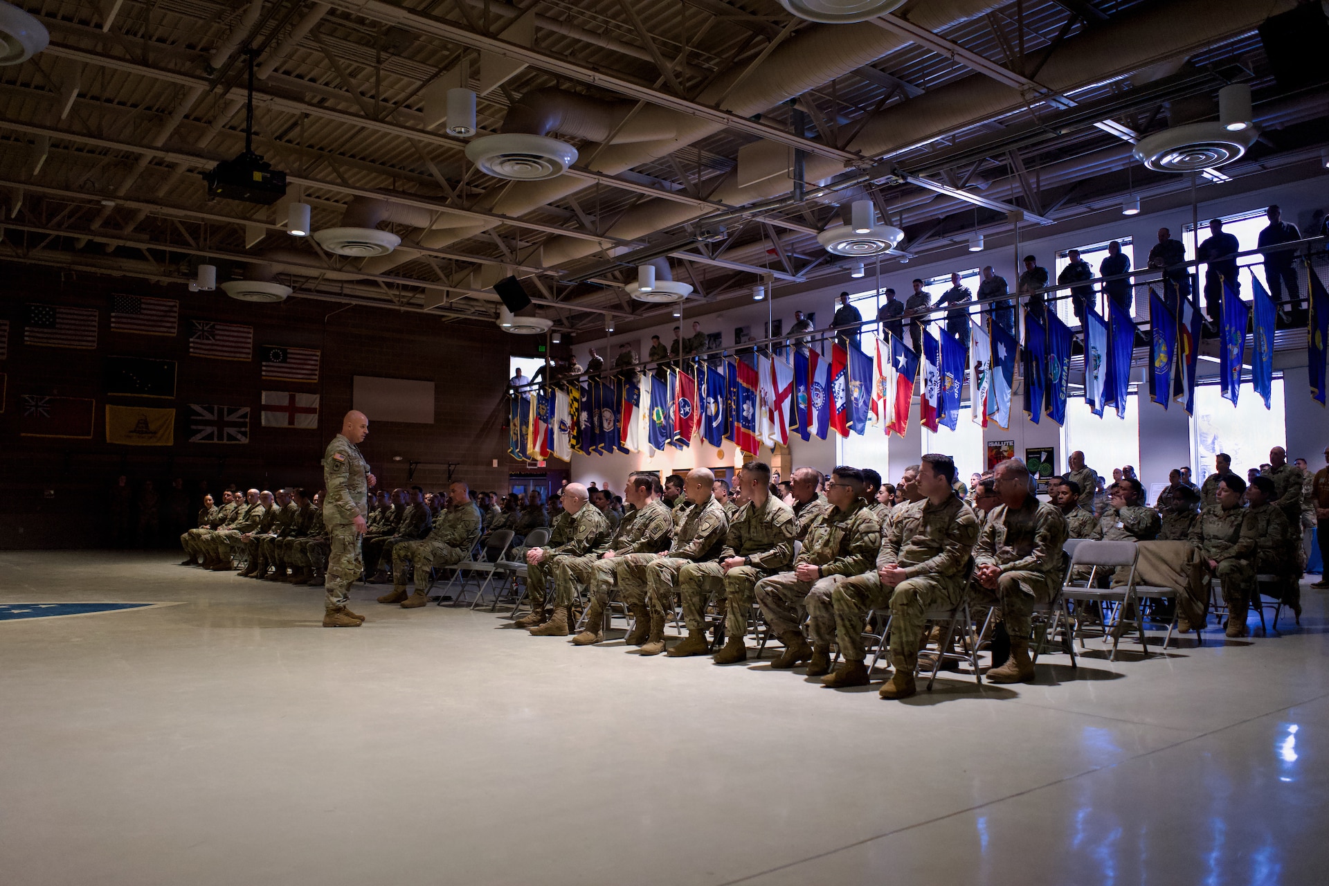 Lt. Gen. Jon Stubbs, Director of the Army National Guard, speaks to Alaska Army National Guard Soldiers Feb. 20, 2026, at the Alaska Army National Guard Readiness Center at Joint Base Elmendorf-Richardson. Stubbs and Command Sgt. Maj. of the Army National Guard Brian Kendrick also met with AKARNG Soldiers at Fort Wainwright and Fort Greely.