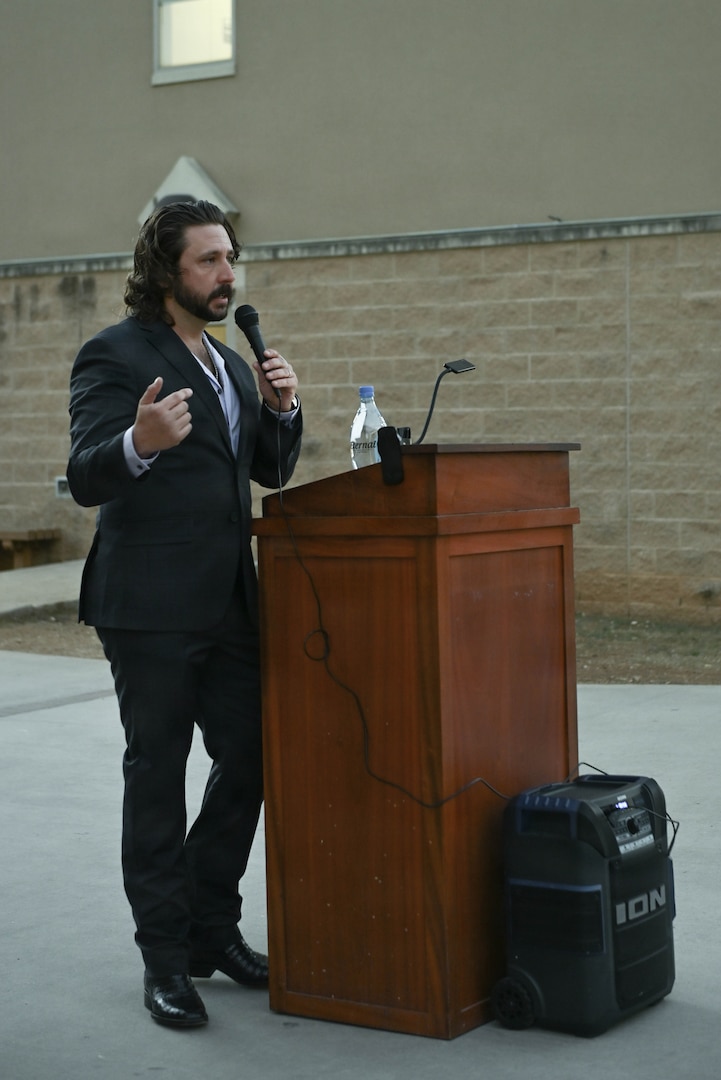 Retired Senior Chief Jerod Napier, delivers remarks at a memorial service for Hospital Corpsman Third Class John T. Fralish at Joint Base San Antonio-Fort Sam Houston, Texas, Feb. 6, 2026. This year marks the 20th anniversary of Fralish’s passing during the War on Terror. (U.S. Navy photo by Mass Communication Specialist Seaman Apprentice Christine Walters).