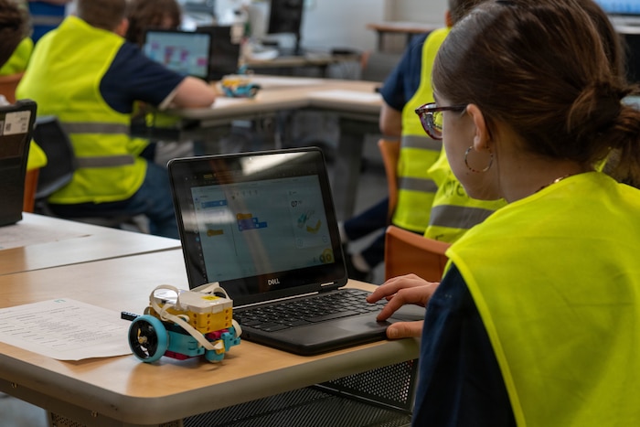 A student looks at a laptop.