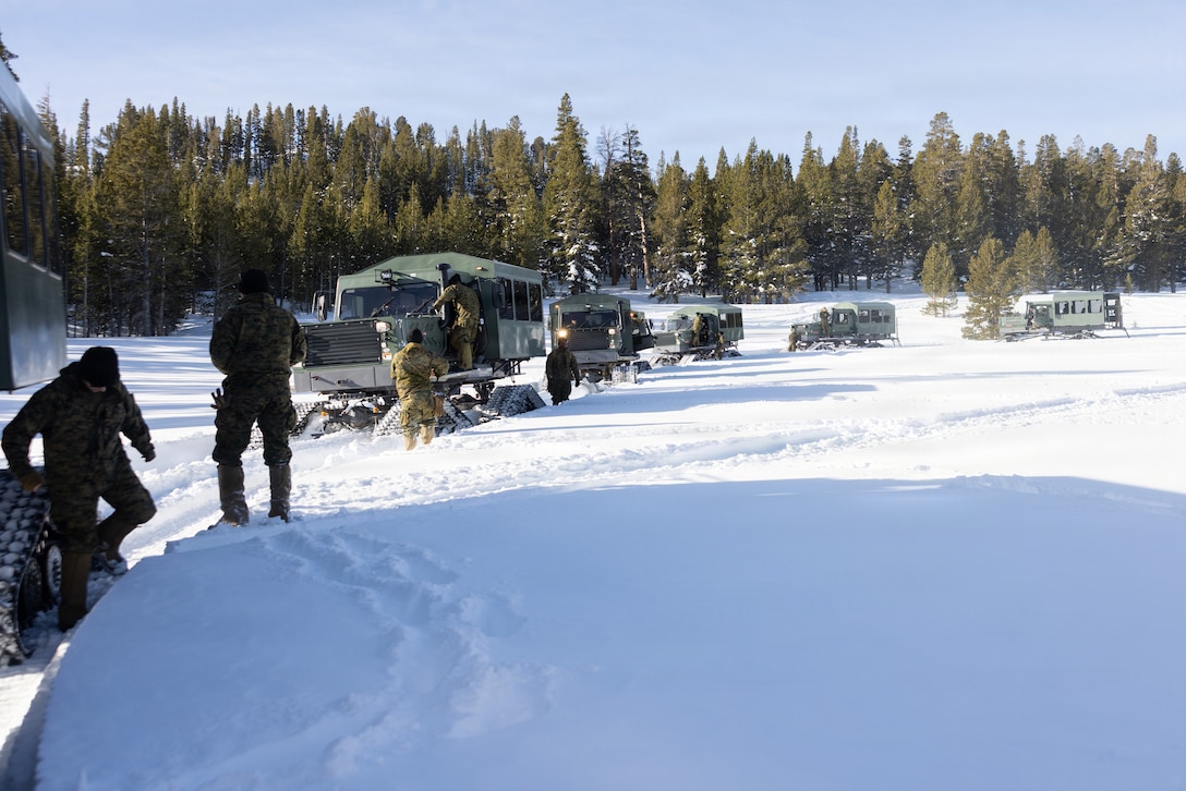 U.S. Marines with 2nd Combat Engineer Battalion, 2nd Marine Division, swap drivers to earn the required driving hours as part of a Tucker Course during Mountain Training Exercise 2-26 at Marine Corps Mountain Warfare Training Center, Bridgeport, California, Feb. 23, 2026. MTX 2-26 is designed to prepare units to survive, strengthen expeditionary warfare tactics, and build confidence in their abilities to operate in a cold weather, high-altitude, mountainous environment. (U.S. Marine Corps photo by Cpl. Jesse Davis)