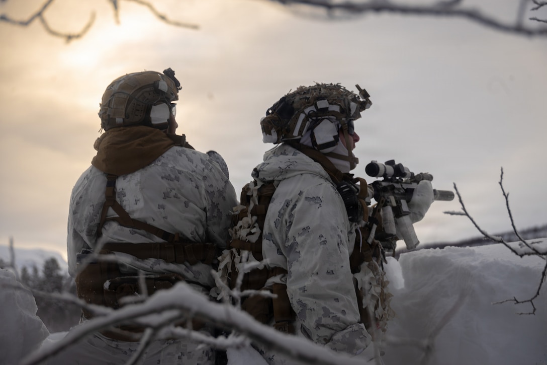 U.S. Marine Corps Lance Cpl. Marek Campbell, left, and Lance Cpl. Danian Trujillo, both riflemen with Fox Company, 2nd Battalion, 6th Marine Regiment, 2nd Marine Division, participate in live-fire squad attacks in Setermoen, Norway, Feb. 24, 2026. The live-fire training was part of exercise Cold Response 26. A key component of NATO's enhanced vigilance activity Arctic Sentry, exercise Cold Response 26 is a Norwegian-led winter military exercise designed to enhance collective defense capabilities and ensure U.S. readiness to rapidly deploy and seamlessly operate alongside NATO Allies in challenging arctic conditions. (U.S. Marine Corps photo by Cpl. Xavier Alicea)