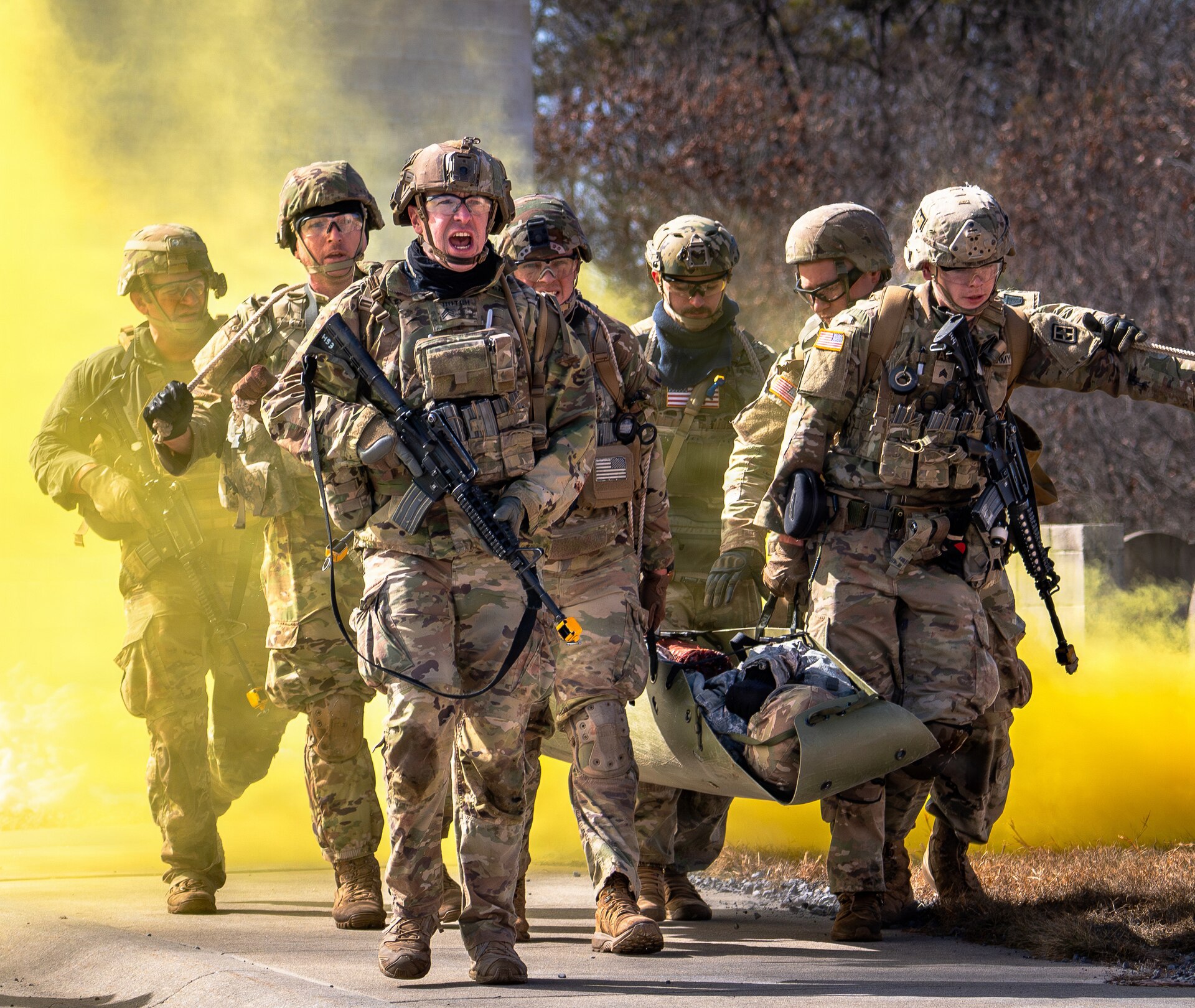U.S. Soldiers participate in a culminating event exercise as a part of the 68W Healthcare Specialist Military Occupational Specialty Transition course at Fort Indiantown Gap, Pennsylvania, March 1, 2026. The course is conducted by the 166th Regiment - Regional Training Institute's Medical Battalion Training Site and prepares Soldiers to be combat medics. (U.S. Army National Guard photo by Sgt. Kayden Bedwell)