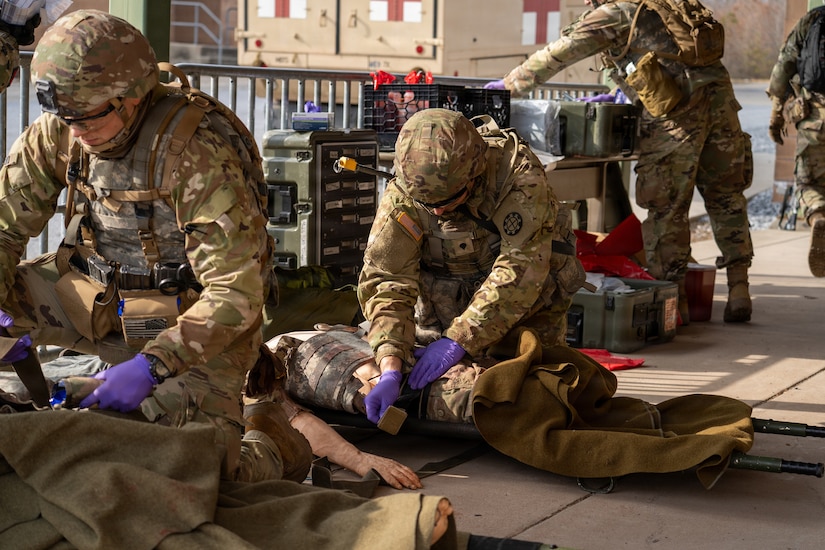 U.S. Soldiers participate in a culminating event exercise as a part of the 68W Healthcare Specialist Military Occupational Specialty Transition course at Fort Indiantown Gap, Pennsylvania, March 1, 2026. The course is conducted by the 166th Regiment - Regional Training Institute's Medical Battalion Training Site and prepares Soldiers to be combat medics. (U.S. Army National Guard photo by Sgt. Kayden Bedwell)