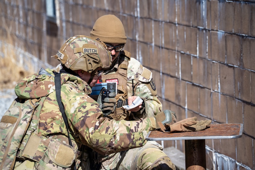 U.S. Soldiers participate in a culminating event exercise as a part of the 68W Healthcare Specialist Military Occupational Specialty Transition course at Fort Indiantown Gap, Pennsylvania, March 1, 2026. The course is conducted by the 166th Regiment - Regional Training Institute's Medical Battalion Training Site and prepares Soldiers to be combat medics. (U.S. Army National Guard photo by Sgt. Kayden Bedwell)