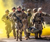 Soldiers participate in a culminating event exercise as a part of the 68W Healthcare Specialist Military Occupational Specialty Transition course at Fort Indiantown Gap, Pennsylvania, March 1, 2026.