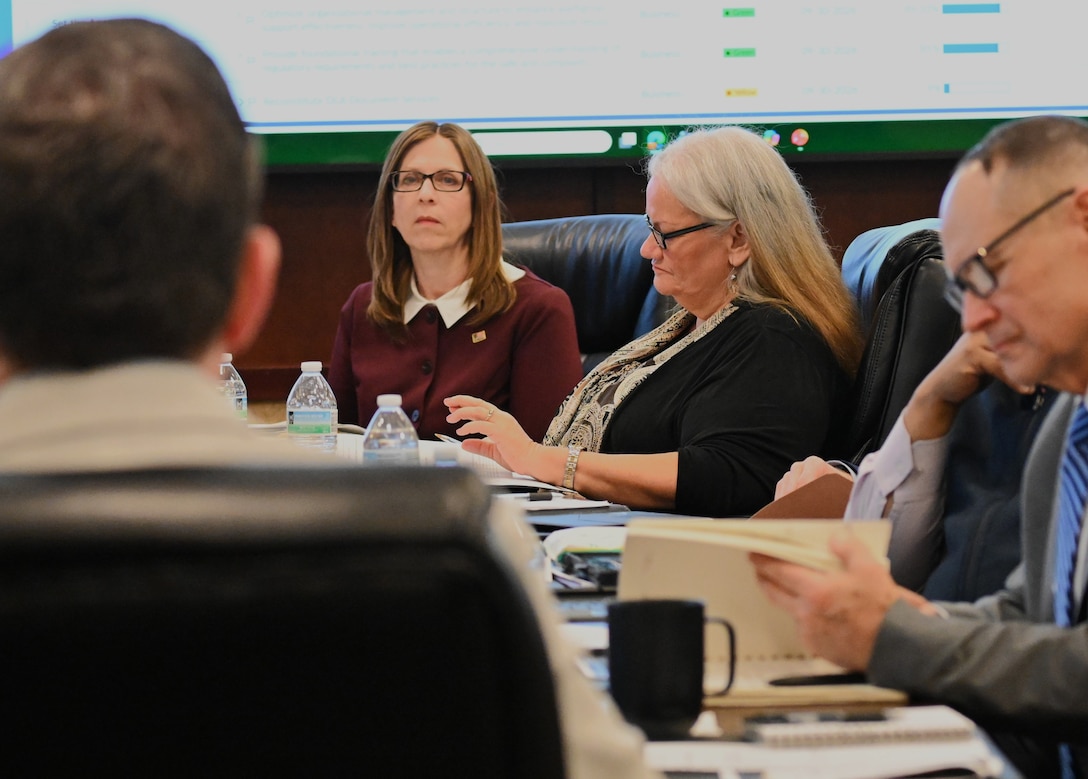 DLA Disposition Services Business Support Director Nina Ekblad provides an update to DLA Vice Director Brad Bunn during the AOP update Feb. 27.
