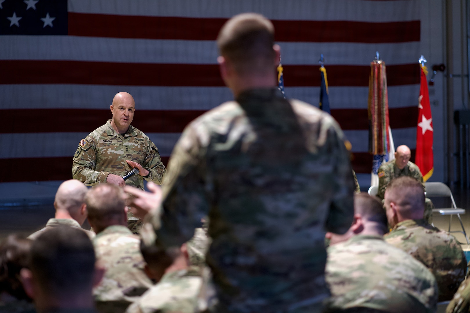 Lt. Gen. Jon Stubbs, director of the Army National Guard, takes a question from an Alaska Army National Guard Soldier Feb. 20, 2026, at the Alaska Army National Guard Readiness Center at Joint Base Elmendorf-Richardson.