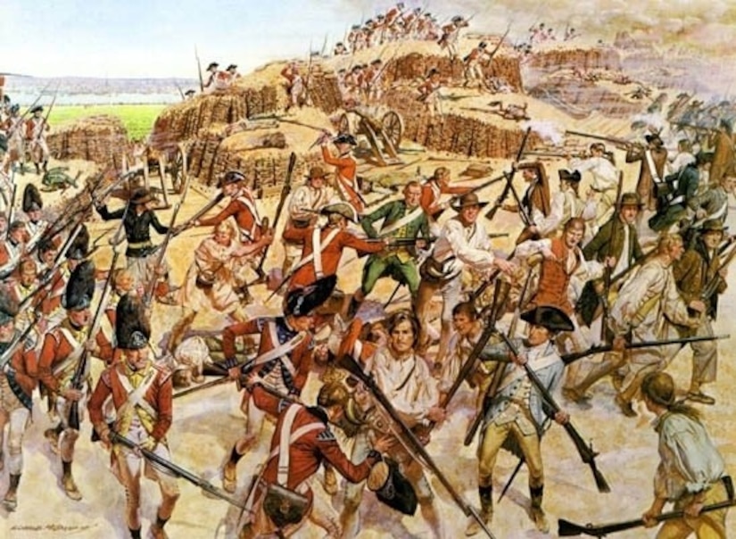 Men in colonial military uniforms with long guns are fighting other men in similar attire on a hill.