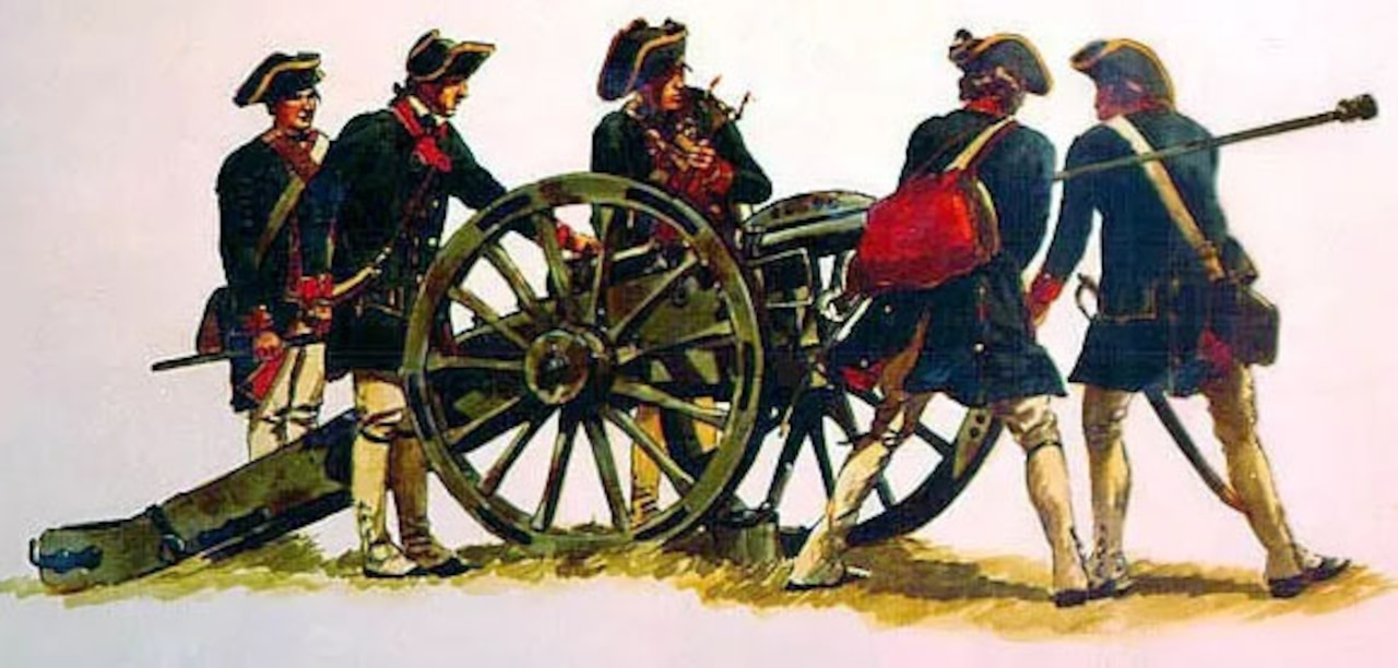 Men wearing colonial military uniforms run a ram down an old-fashioned cannon.