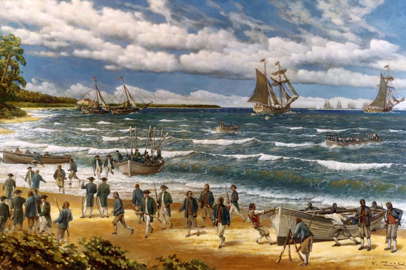 A painting depicts men in colonial military uniforms in rowboats landing on a beach with sailing ships in the distance.