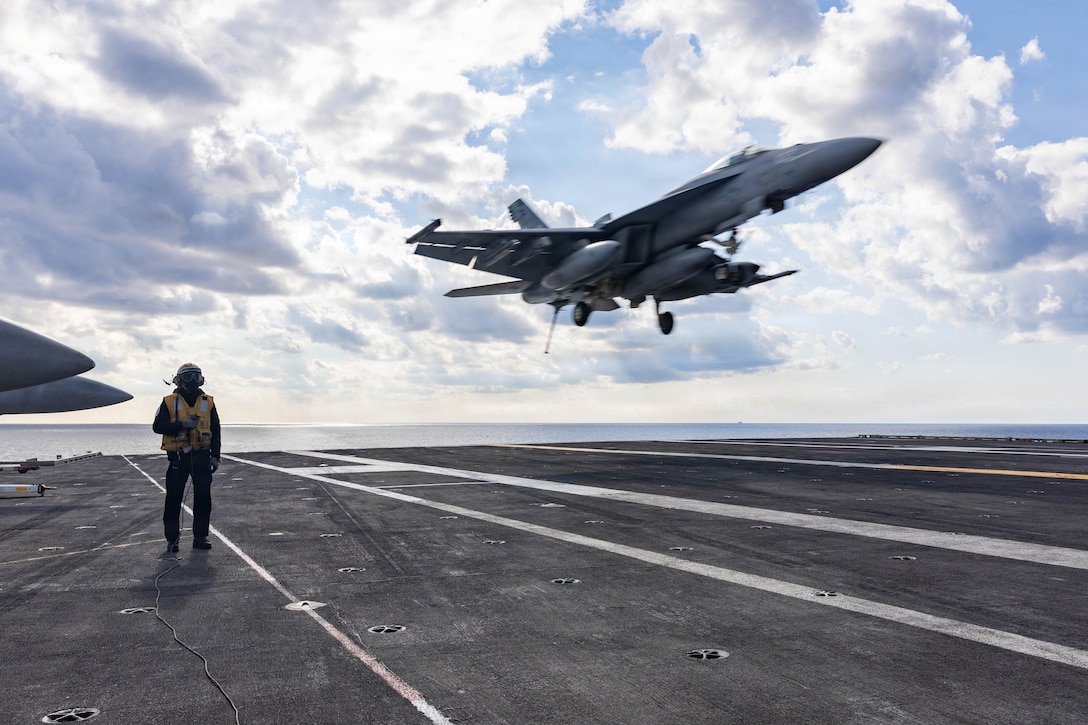 An F/A-18E Super Hornet aircraft, attached to Strike Fighter Squadron 37, lands on the flight deck of the world’s largest aircraft carrier, USS Gerald R. Ford (CVN 78), while operating in support of Operation Epic Fury in the Eastern Mediterranean Sea, March 2, 2026. (U.S. Navy photo)