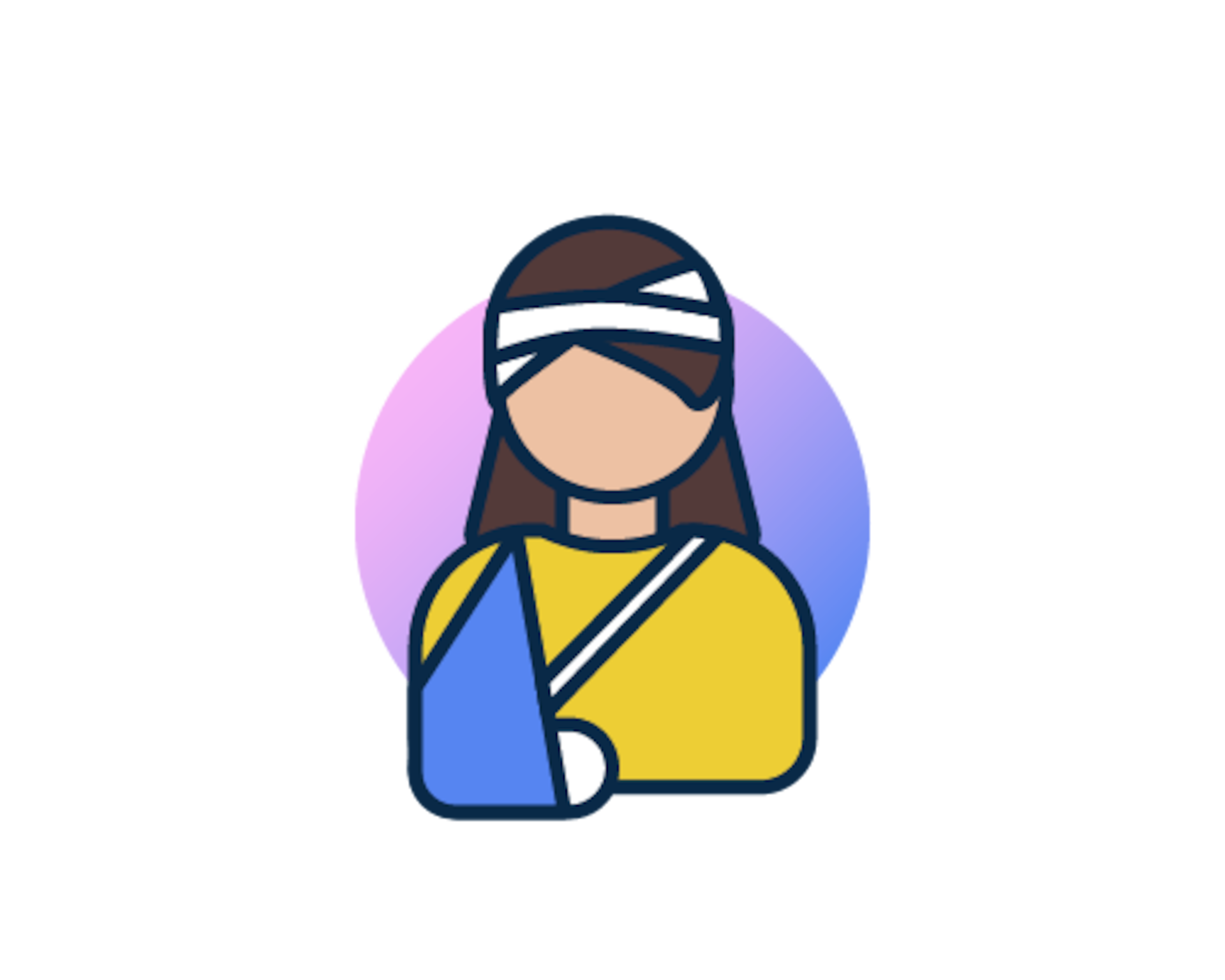 Survivor with a head bandage and arm in a cast and sling.