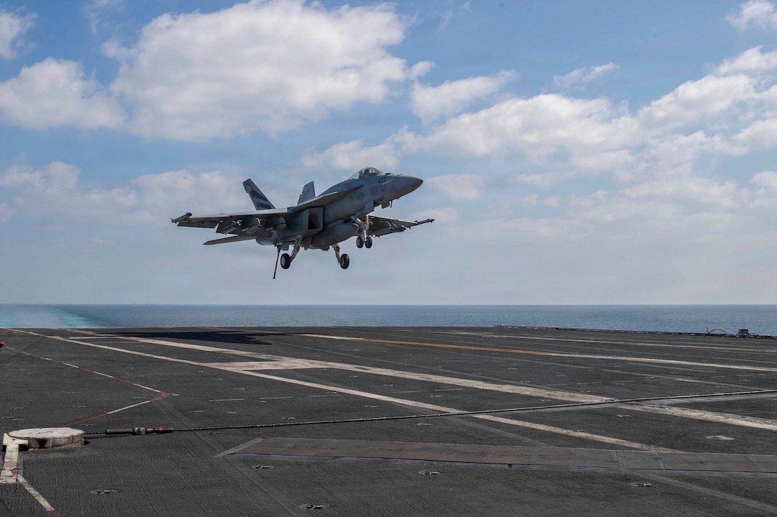 F/A-18E Super Hornet, attached to Strike Fighter Squadron (VFA) 151, prepares to make an arrested landing on the flight deck of Nimitz-class aircraft carrier USS Abraham Lincoln (CVN 72) in support of Operation Epic Fury, March 3, 2026. (U.S. Navy photo)