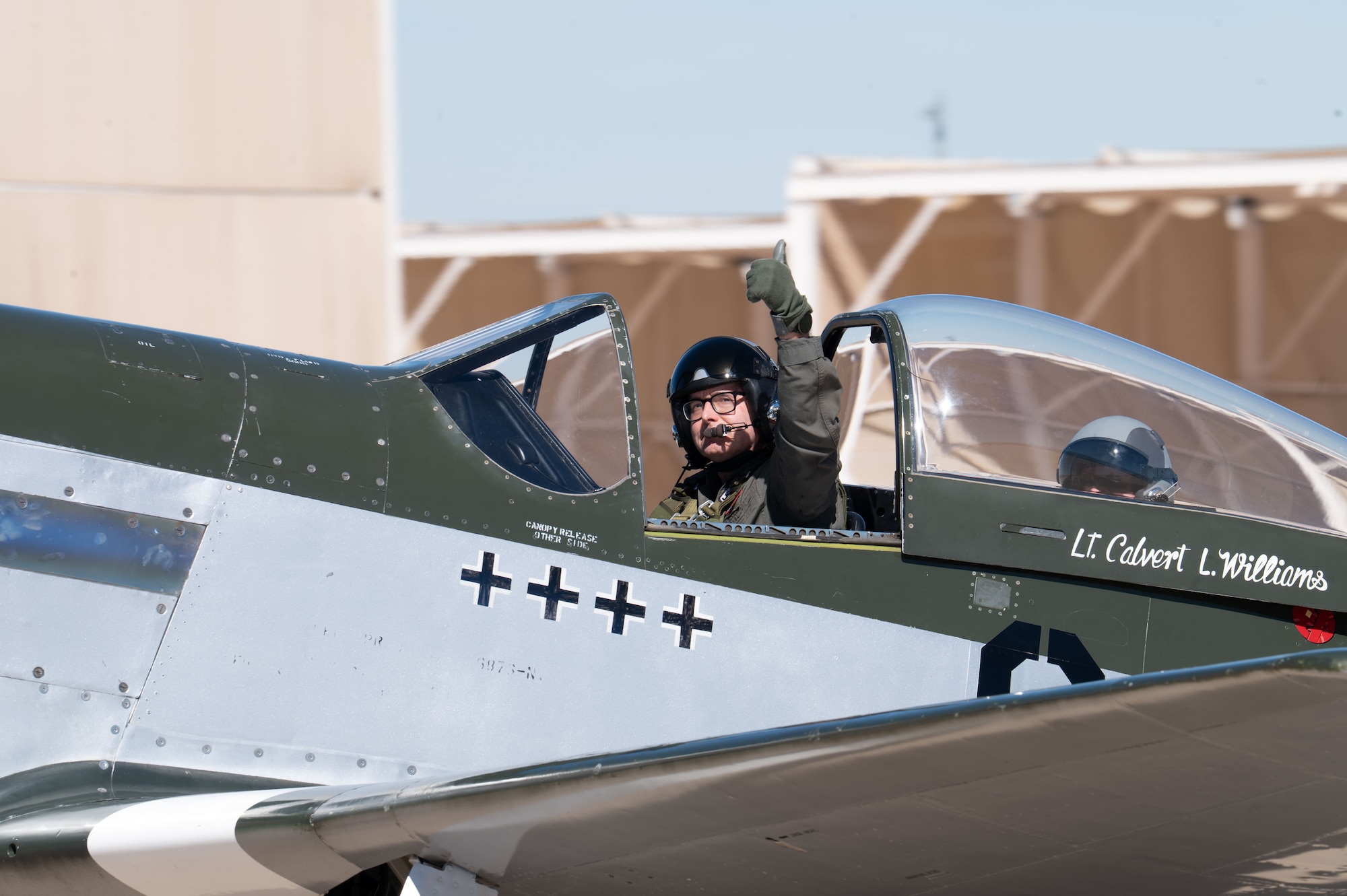 A P-51 Mustang taxis down the flightline before performing a flight demonstration during the Heritage Flight Training Course Davis-Monthan Air Force Base, Arizona, Feb. 28, 2026. The P-51 was an American long-range fighter-bomber airframe used during World War II and the Korean War. (U.S. Air Force Photo by Airman 1st Class Jaden Kidd)