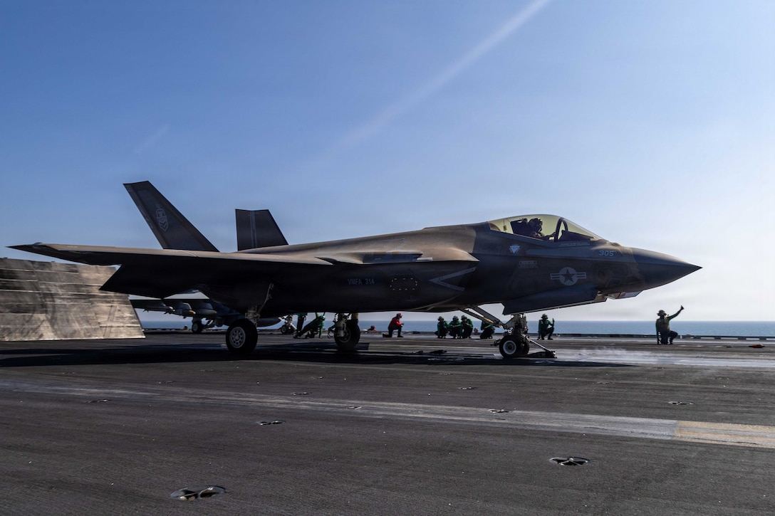 An F-35C Lightning II, attached to Marine Fighter Attack Squadron (VMFA) 314, launches from the flight deck of Nimitz-class aircraft carrier USS Abraham Lincoln (CVN 72) in support of Operation Epic Fury, March 4, 2026. (U.S. Navy photo)