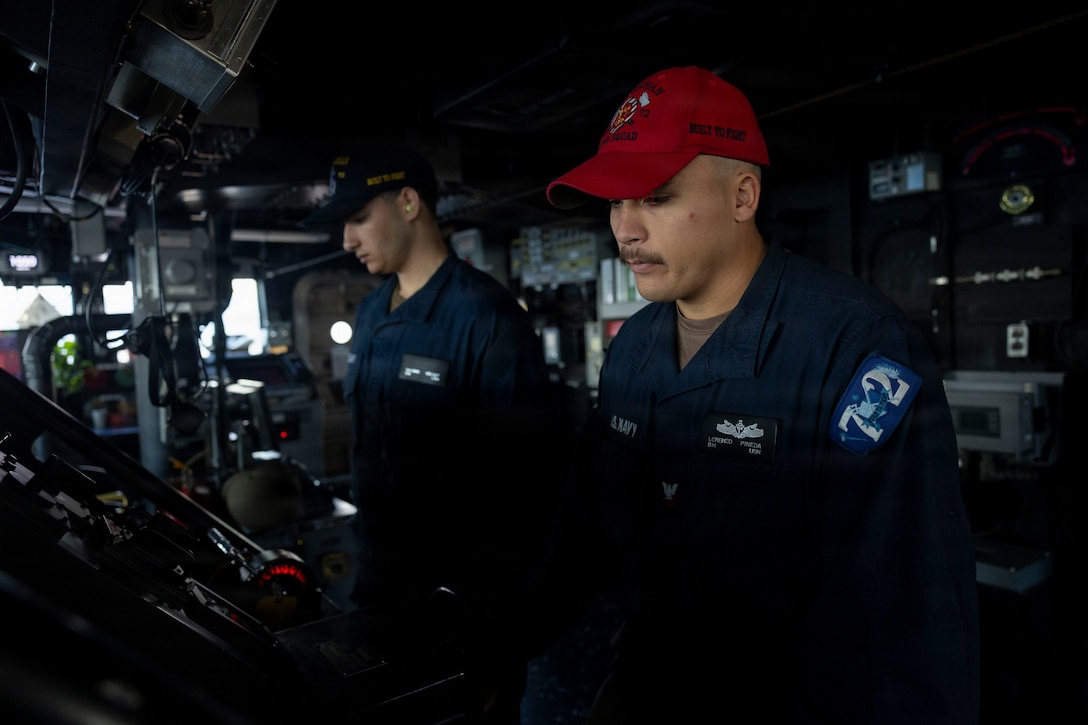 U.S. Sailors, assigned to Arleigh Burke-class guided-missile destroyer USS Mahan (DDG 72), man the helm as the ship secures from strike operations in the Eastern Mediterranean Sea in support of Operation Epic Fury, March 3, 2026. (U.S. Navy photo)