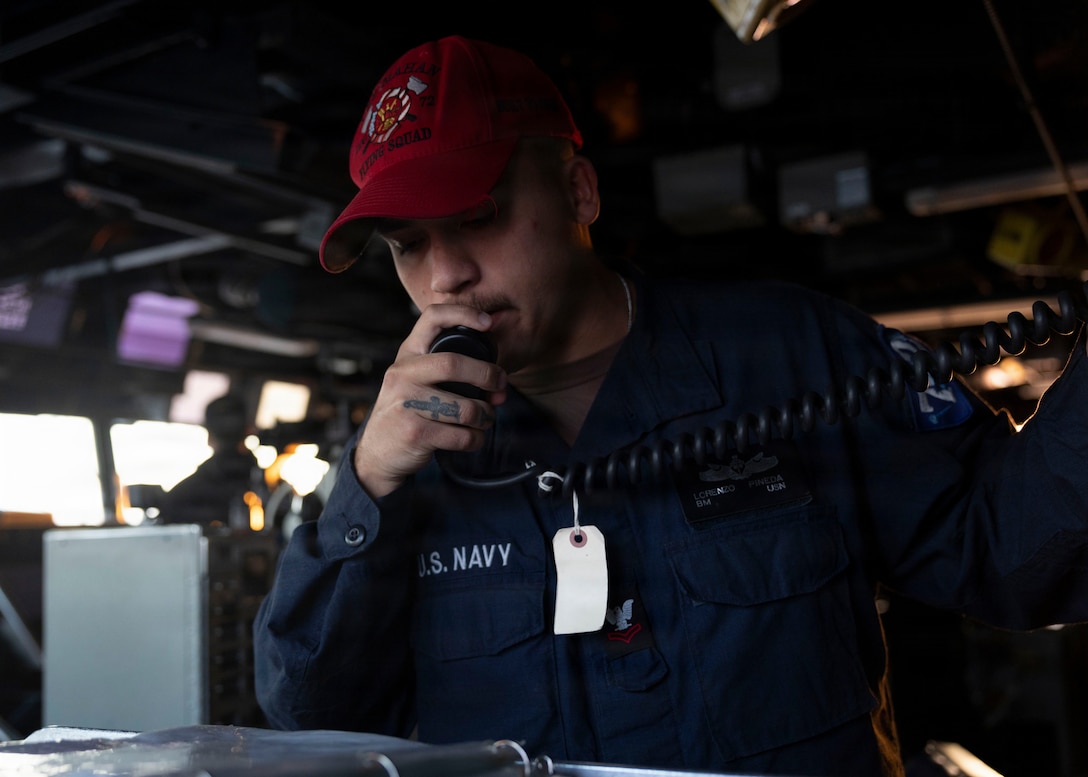 A U.S. Sailor, assigned to Arleigh Burke-class guided-missile destroyer USS Mahan (DDG 72), stands bridge watch as the ship conducts strike operations in the Eastern Mediterranean Sea in support of Operation Epic Fury, March 3, 2026. (U.S. Navy photo)