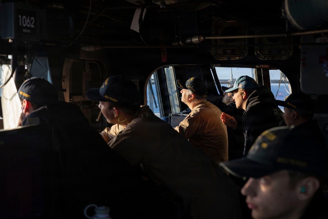 U.S. Sailors, assigned to Arleigh Burke-class guided-missile destroyer USS Mahan (DDG 72), stand watch as the ship conducts strike operations in the Eastern Mediterranean Sea in support of Operation Epic Fury, March 3, 2026. (U.S. Navy photo)