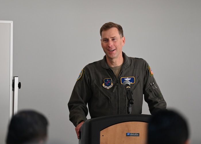 U.S. Air Force Maj. Gen. David Mineau, Air Forces Southern commander, provides opening remarks to Fuerza Aérea Ecuatoriana (FAE) during the U.S. and Ecuadorian Airman-to-Airman staff talks, at Davis-Monthan Air Force Base, Arizona, March 3, 2026. The talks supported synchronized efforts between the USAF and the FAE to address evolving security challenges in the U.S. Southern Command area of responsibility. (U.S. Air Force photo by Staff Sgt. Abbey Rieves)