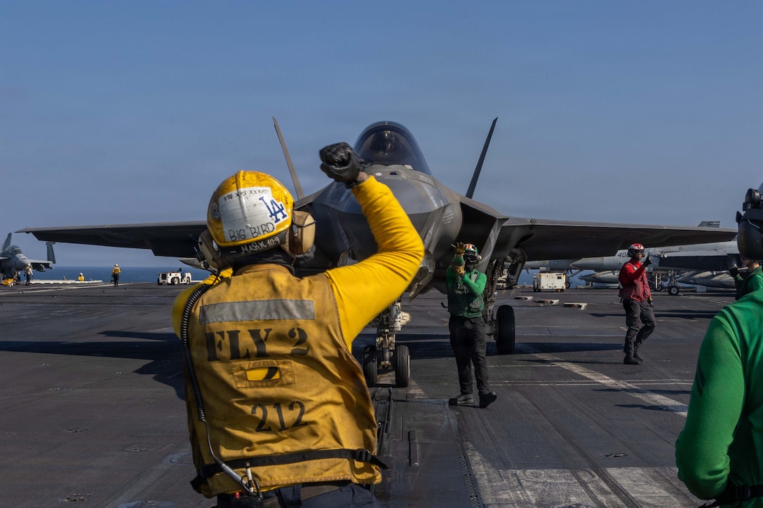An F-35C Lightning II, attached to Marine Fighter Attack Squadron (VMFA) 314, prepares to launch from the flight deck of Nimitz-class aircraft carrier USS Abraham Lincoln (CVN 72) in support of Operation Epic Fury, March 4, 2026. (U.S. Navy photo)