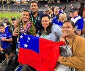 Stephon Critchton, who scored the winning field goal in front of 45,719 at Allegiant Stadium during a National Rugby League Premiere game, poses for a photo with Apelu Sauoaiga, Samoa assistant commissioner of emergency medical response, Josephina Chan Ting, principal disaster risk, reduction officer and Bella Simeti, senior disaster management officer last Saturday, Feb. 28, 2026. Samoan officials were in Nevada last week for a State Partnership Program subject matter exchange to prepare for their mass casualty exercise set for 2027 in Apia, Samoa.