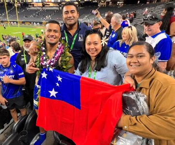 Stephon Critchton, who scored the winning field goal in front of 45,719 at Allegiant Stadium during a National Rugby League Premiere game, poses for a photo with Apelu Sauoaiga, Samoa assistant commissioner of emergency medical response, Josephina Chan Ting, principal disaster risk, reduction officer and Bella Simeti, senior disaster management officer last Saturday, Feb. 28, 2026. Samoan officials were in Nevada last week for a State Partnership Program subject matter exchange to prepare for their mass casualty exercise set for 2027 in Apia, Samoa.