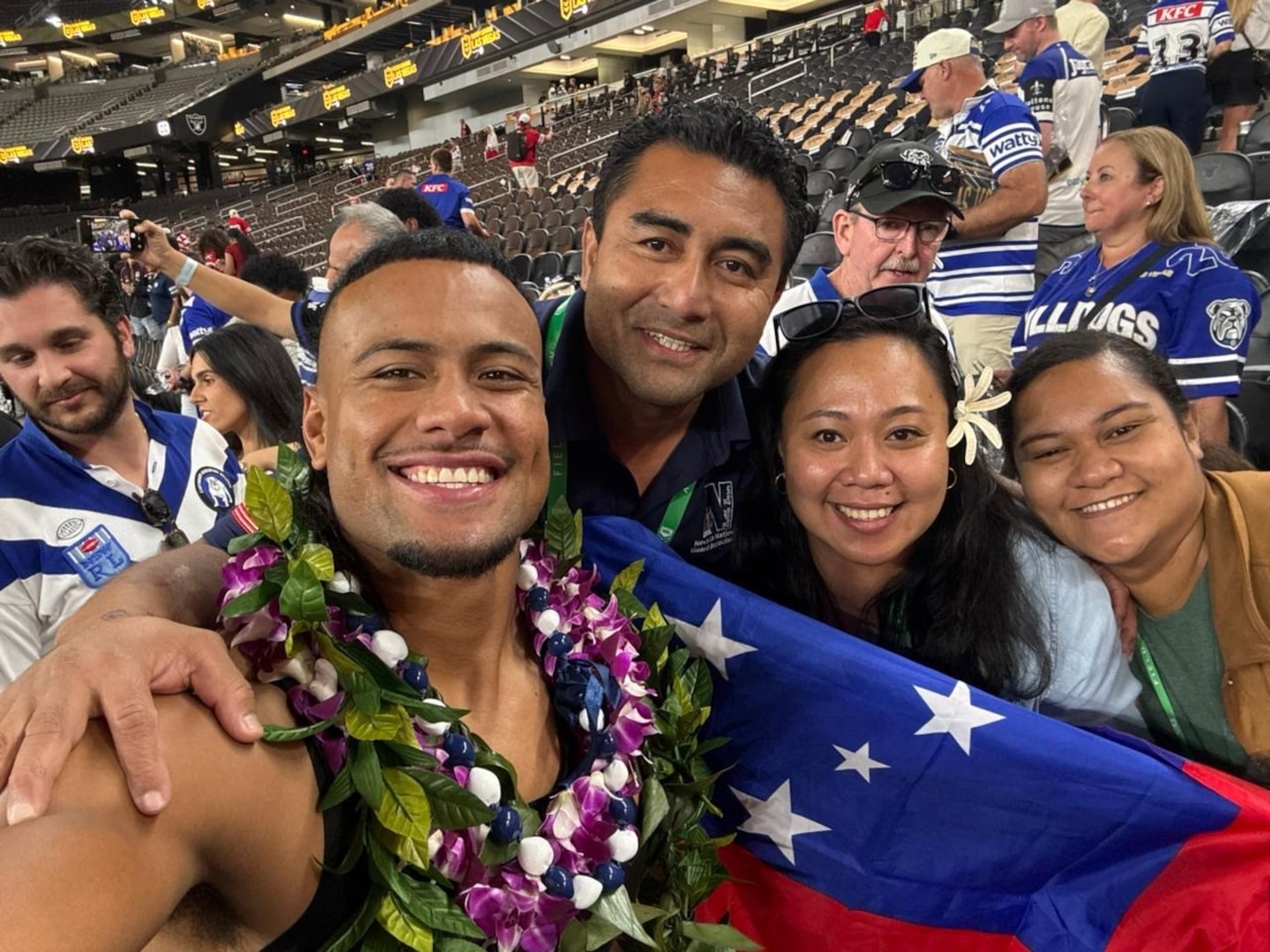 Stephon Critchton, who scored the winning field goal in front of 45,719 people at Allegiant Stadium during a National Rugby League Premiere game, poses for a photo with Apelu Sauoaiga, Samoa assistant commissioner of emergency medical response, Josephina Chan Ting, principal disaster risk, reduction officer and Bella Simeti, senior disaster management officer last Saturday, Feb. 28, 2026. Samoan officials were in Nevada last week for a State Partnership Program subject matter exchange to prepare for their mass casualty exercise set for 2027 in Apia, Samoa.