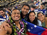 Stephon Critchton, who scored the winning field goal in front of 45,719 people at Allegiant Stadium during a National Rugby League Premiere game, poses for a photo with Apelu Sauoaiga, Samoa assistant commissioner of emergency medical response, Josephina Chan Ting, principal disaster risk, reduction officer and Bella Simeti, senior disaster management officer last Saturday, Feb. 28, 2026. Samoan officials were in Nevada last week for a State Partnership Program subject matter exchange to prepare for their mass casualty exercise set for 2027 in Apia, Samoa.