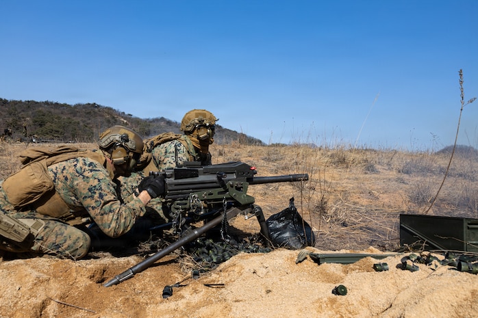 U.S. Marine Corps Lance Cpl. Zachary Metcalf, a machine gunner with 12th Littoral Combat Team, 12th Marine Littoral Regiment, 3rd Marine Division, fires a Mk-19 grenade launcher during a Combined Arms Live-Fire Exercise at Rodriguez Live-Fire Complex, Republic of Korea, Feb. 28, 2026.