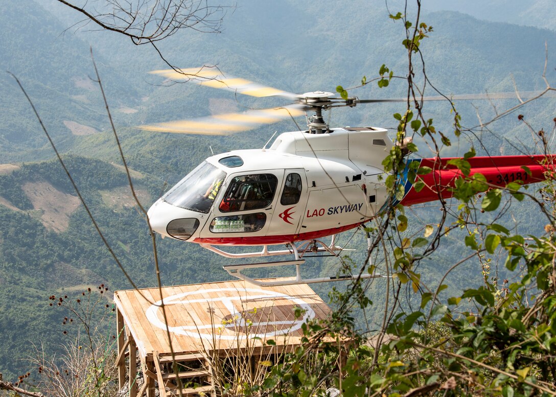 A Lao Skyway Helicopter lands on a platform during a recovery mission in Laos, Jan. 22, 2026.