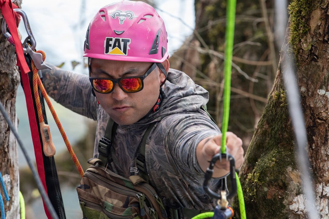 U.S. Air Force Master Sgt. Joshua Pyo, Defense POW/MIA Accounting Agency mountaineer, establishes a high line for a casualty evacuation rehearsal during a recovery mission in Laos, Jan. 28, 2026.