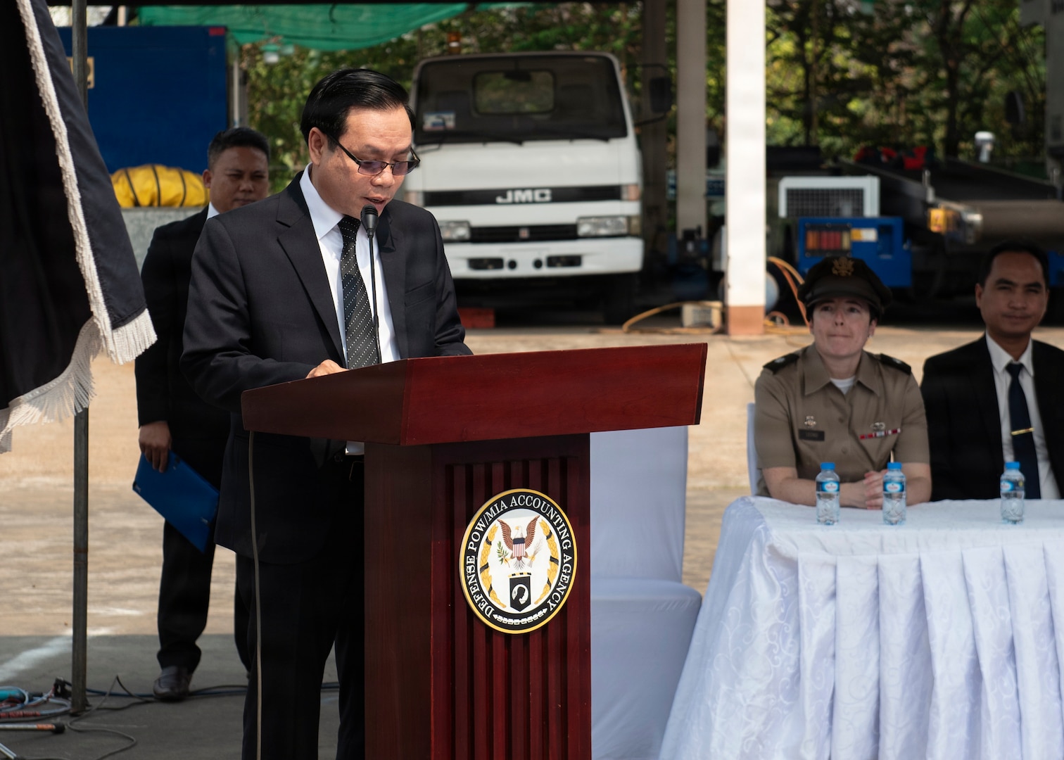 Maythong Thammavongsa, Deputy minister at ministry of Foreign Affairs, speaks during ceremony at a repatriation ceremony in Laos, Feb. 23, 2026.