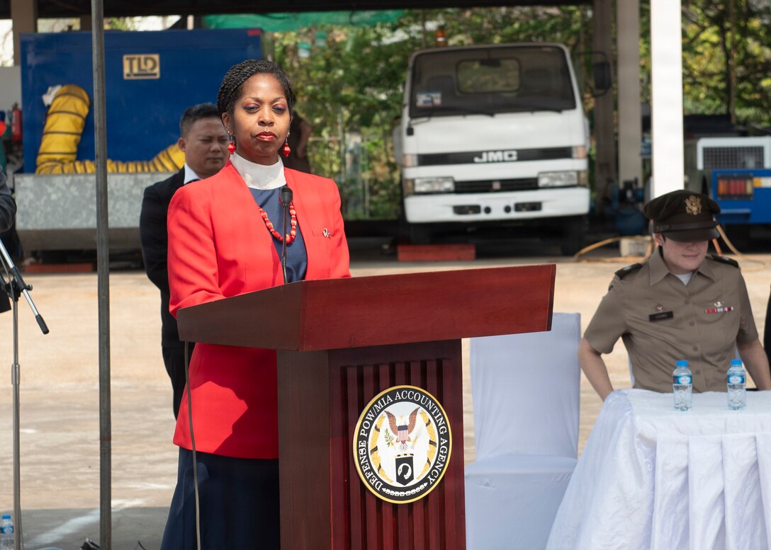 Michelle Outlaw, chargé d'affaires ad interim at the U.S. Embassy in Vientiane, speaks during ceremony at a repatriation ceremony in Laos, Feb. 23, 2026.