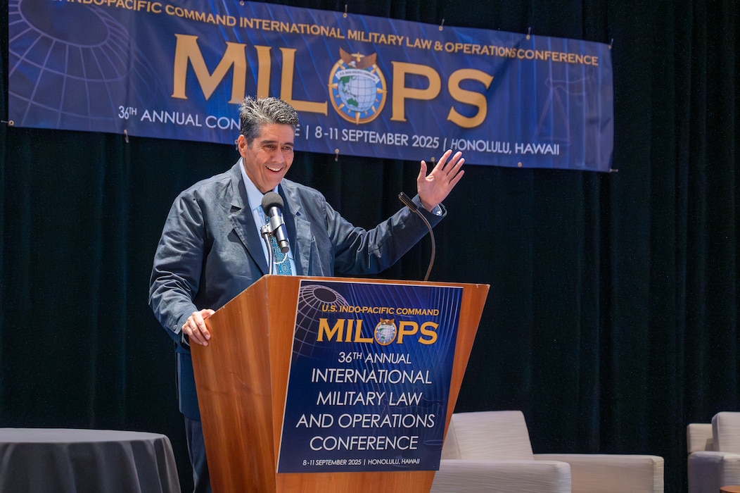 President of Palau Surangel Whipps Jr. delivers keynote remarks at the 36th annual international Military Law and Operations strategic engagement to leaders from over 30 nations in Honolulu, Hawaii, Sept. 8, 2025.
