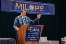 President of Palau Surangel Whipps Jr. delivers keynote remarks at the 36th annual international Military Law and Operations strategic engagement to leaders from over 30 nations in Honolulu, Hawaii, Sept. 8, 2025.