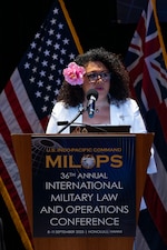 Karena Lyons, Pacific Community director of partnership, integration and resource mobilization, delivers remarks at the 36th annual international Military Law and Operations strategic engagement to leaders from more than 30 nations in Honolulu, Hawaii, Sept. 10, 2025