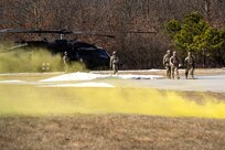 U.S. Soldiers participate in a culminating event exercise as a part of the 68W Healthcare Specialist Military Occupational Specialty Transition course at Fort Indiantown Gap, Pennsylvania, March 1, 2026. The course is conducted by the 166th Regiment - Regional Training Institute's Medical Battalion Training Site and prepares Soldiers to be combat medics. (U.S. Army National Guard photo by Sgt. Kayden Bedwell)