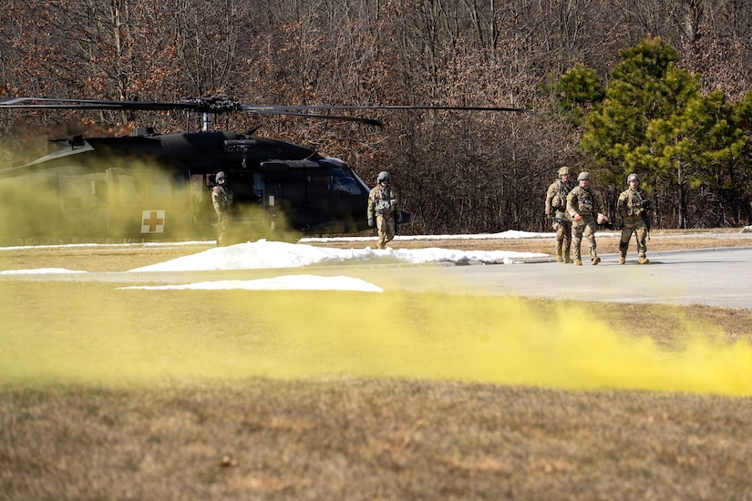 U.S. Soldiers participate in a culminating event exercise as a part of the 68W Healthcare Specialist Military Occupational Specialty Transition course at Fort Indiantown Gap, Pennsylvania, March 1, 2026. The course is conducted by the 166th Regiment - Regional Training Institute's Medical Battalion Training Site and prepares Soldiers to be combat medics. (U.S. Army National Guard photo by Sgt. Kayden Bedwell)
