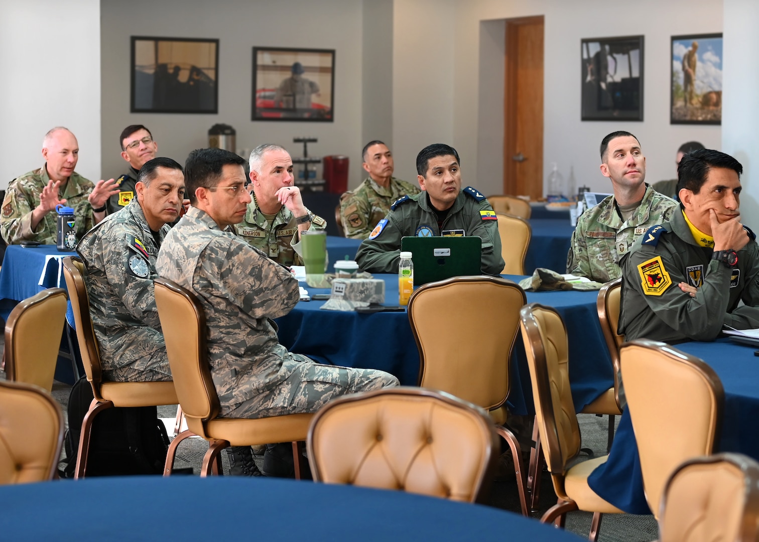 Air Forces Southern and Fuerza Aérea Ecuatoriana (FAE) Airmen attend the U.S. and Ecuadorian Airman-to-Airman staff talks, at Davis-Monthan Air Force Base, Arizona, March 3, 2026. The meeting underscored a continued commitment to building trust and strategic alignment for the stability and security of the Western Hemisphere. (U.S. Air Force photo by Staff Sgt. Abbey Rieves)